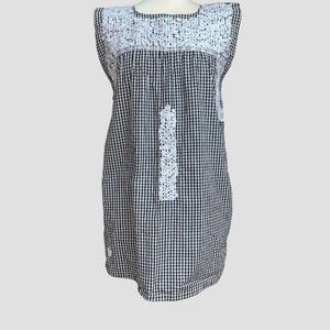 J.Marie Black White Gingham White Embroidered Shift Dress size S